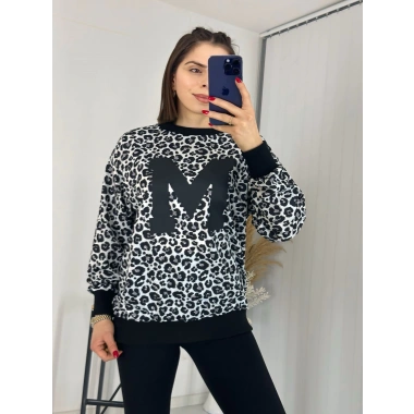Siyah Leopar Desen Harf Detaylı Sweathirt