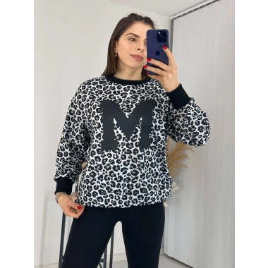 Siyah Leopar Desen Harf Detaylı Sweathirt