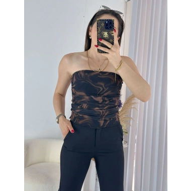 Siyah Straplez Tül Bluz