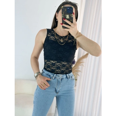 Siyah Transparan Dantel Bluz