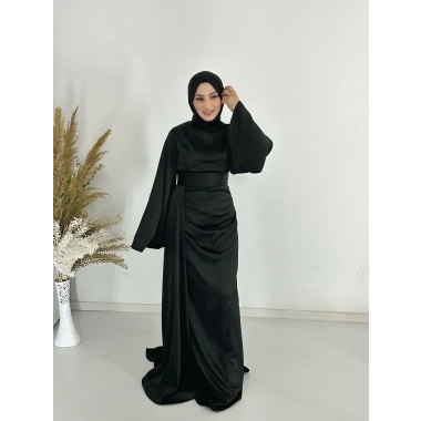 Siyah Uzun Saten Elbise