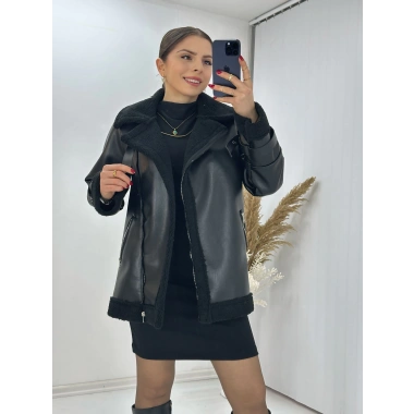 Suni Deri Kürklü Biker Mont