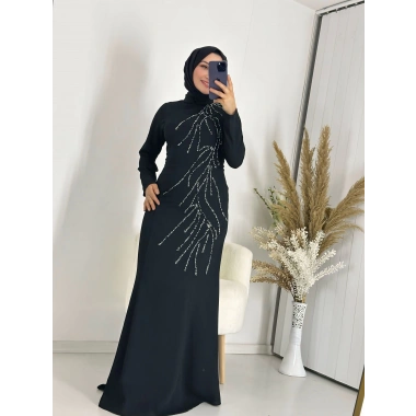 Taş Detay Abiye Elbise Siyah