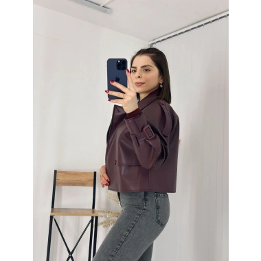 Tasarım Parçalı Kısa Deri Ceket Bordo