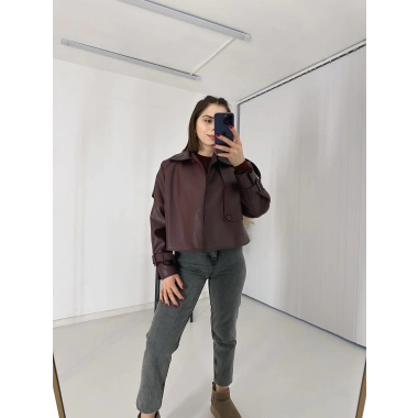 Tasarım Parçalı Kısa Deri Ceket Bordo