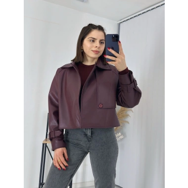 Tasarım Parçalı Kısa Deri Ceket Bordo