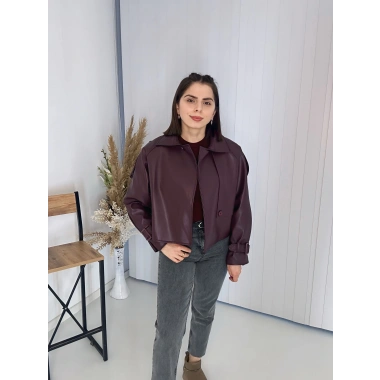 Tasarım Parçalı Kısa Deri Ceket Bordo