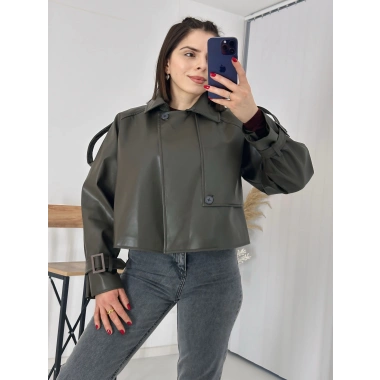 Tasarım Parçalı Kısa Deri Ceket Haki