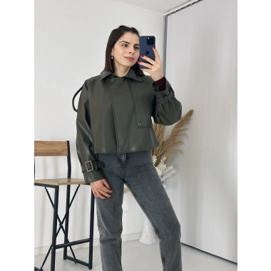 Tasarım Parçalı Kısa Deri Ceket Haki