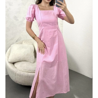 TOZ PEMBE SIRT DEKOLTE KETEN ELBİSE