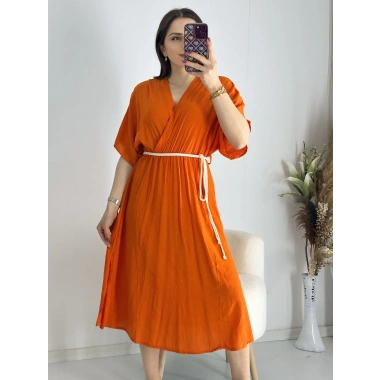 Turuncu Kravuze Kemerli Elbise