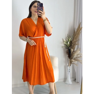 Turuncu Kravuze Kemerli Elbise