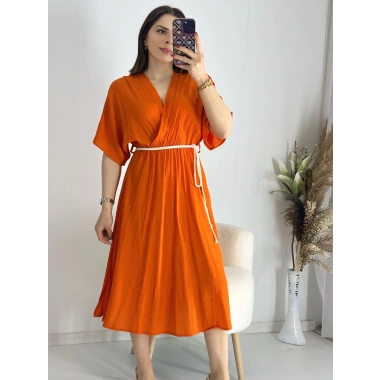 Turuncu Kravuze Kemerli Elbise