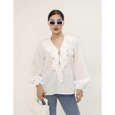 V Yaka Fırfırlı Bluz Beyaz
