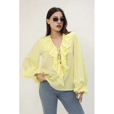 V Yaka Fırfırlı Bluz Sarı