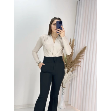 Vatkalı Kravuze V Yaka Çıtçıtlı Bady -Bej