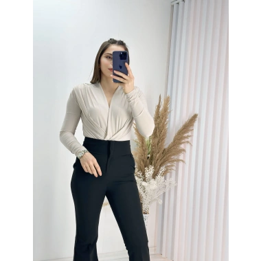 Vatkalı Kravuze V Yaka Çıtçıtlı Bady -Bej