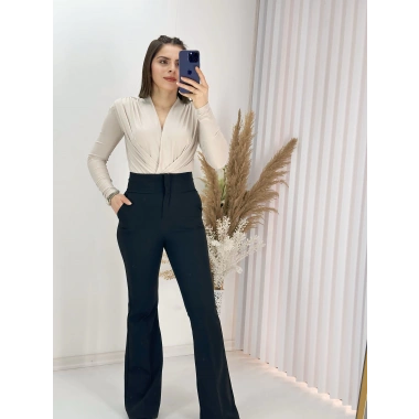 Vatkalı Kravuze V Yaka Çıtçıtlı Bady -Bej