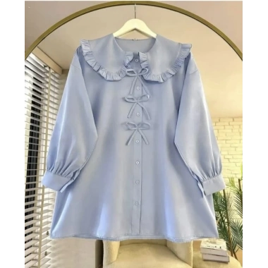 Yaka Detay Fiyonklu Gömlek Mavi