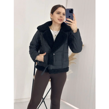 Yakası Kürklü Kemerli Kısa Şişme Mont