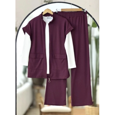 Yelekli Fermuarlı Üçlü Takım Bordo