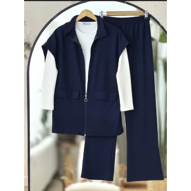 Yelekli Fermuarlı Üçlü Takım Lacivert