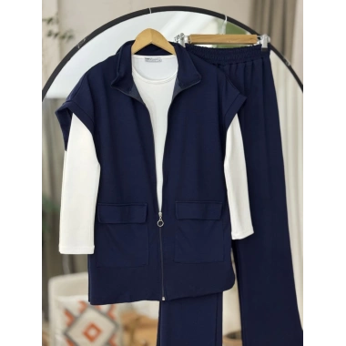 Yelekli Fermuarlı Üçlü Takım Lacivert
