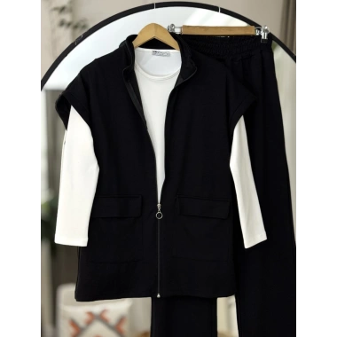 Yelekli Fermuarlı Üçlü Takım Siyah