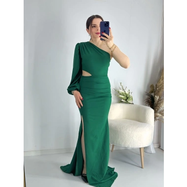Yeşil Bel Dekolteli İthal Krep Kumaş Tek Kol Abiye
