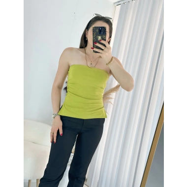 Yeşil Çift Yırtmaçlı Straplez Bluz