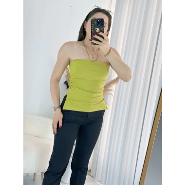 Yeşil Çift Yırtmaçlı Straplez Bluz