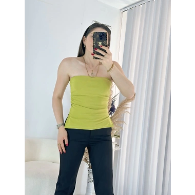 Yeşil Çift Yırtmaçlı Straplez Bluz