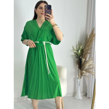 Yeşil Kravuze Kemerli Elbise