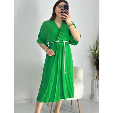 Yeşil Kravuze Kemerli Elbise