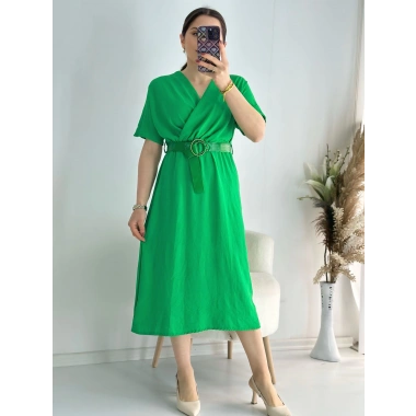 Yeşil Kravuze Yaka Keten Elbise