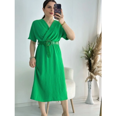 Yeşil Kravuze Yaka Keten Elbise