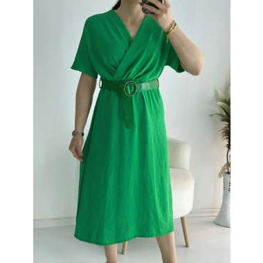 Yeşil Kravuze Yaka Keten Elbise