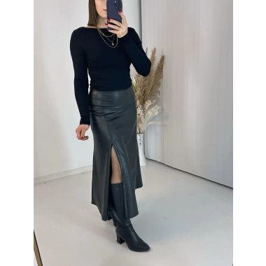 Yırtmaçlı Midi Boy Siyah Deri Etek