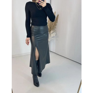 Yırtmaçlı Midi Boy Siyah Deri Etek