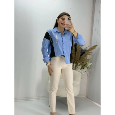 Beyaz Taşlı Triko Detay Gömlek Mavi