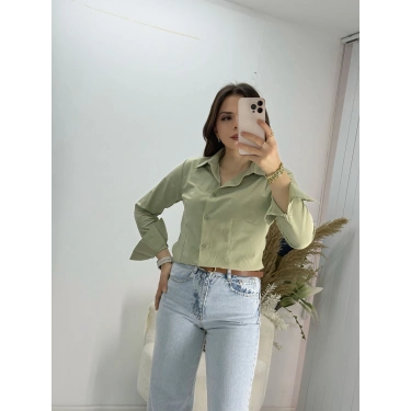 Yeşil Pensli slim fit Uzun Kollu Gömlek