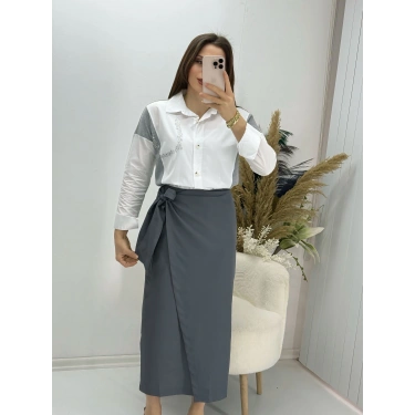 Bağlama Detaylı Gri Etek