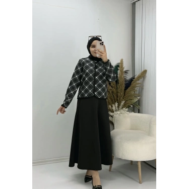 Ekoseli Ceketli Etekli Scuba Takım Siyah