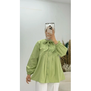 Yakası Bağlamalı Salaş Tunik Yağ Yeşil