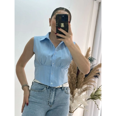 Bebe Mavi Sıfır Kol Beli Gipe Lastikli Korseli Poplin Gömlek