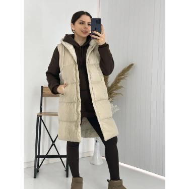 Bej Kapişonlu Uzun Şişme Yelek