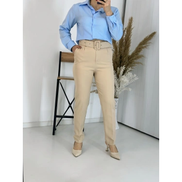 Bej Kemerli Boru Paça Kumaş Pantolon