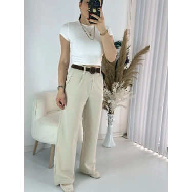 Bej Kemerli Keten Palazzo Pantolon