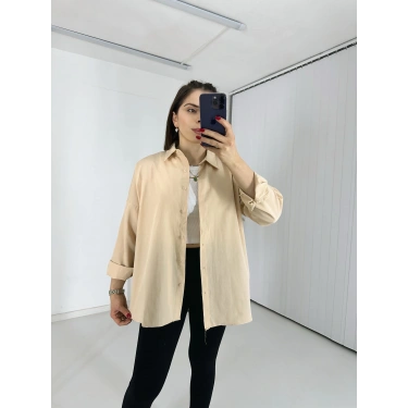 Bej Uzun Kollu Basic Pamuklu Oversize Gömlek