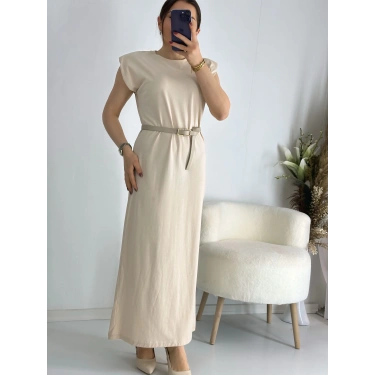 Bej Vatkalı Penye Elbise